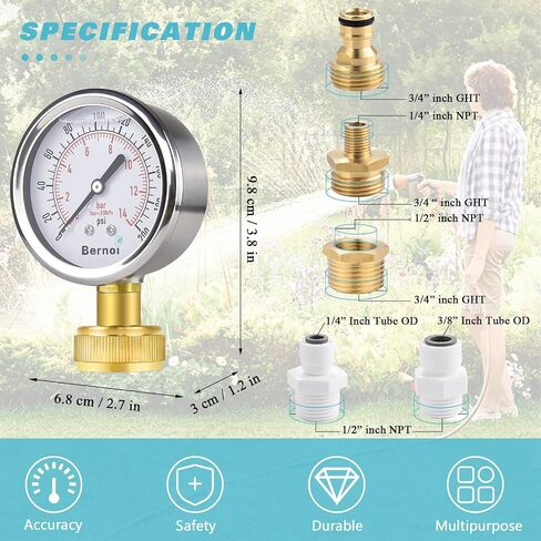 Bernoi Water Pressure Gauge Kit, Glycerin Filled Test with Lead-Free Brass Hose Fittings, 3/4'' Female Coupler Plus 5 Adapters to in Multiple Systems, 2-2/3'' dial, 0-200 Psi in Saudi Arabia