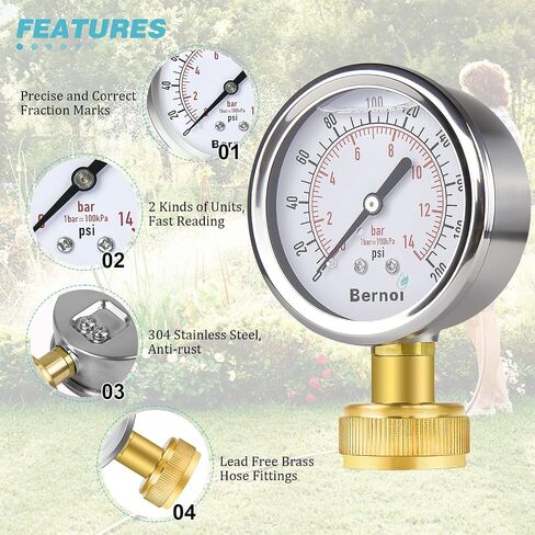 Bernoi Water Pressure Gauge Kit, Glycerin Filled Test with Lead-Free Brass Hose Fittings, 3/4'' Female Coupler Plus 5 Adapters to in Multiple Systems, 2-2/3'' dial, 0-200 Psi in Saudi Arabia