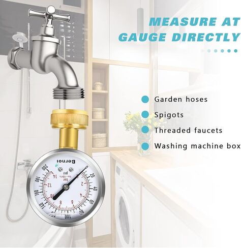 Bernoi Water Pressure Gauge Kit, Glycerin Filled Test with Lead-Free Brass Hose Fittings, 3/4'' Female Coupler Plus 5 Adapters to in Multiple Systems, 2-2/3'' dial, 0-200 Psi in Saudi Arabia