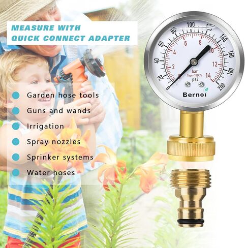 Bernoi Water Pressure Gauge Kit, Glycerin Filled Test with Lead-Free Brass Hose Fittings, 3/4'' Female Coupler Plus 5 Adapters to in Multiple Systems, 2-2/3'' dial, 0-200 Psi in Saudi Arabia