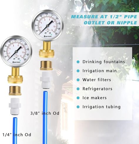 Bernoi Water Pressure Gauge Kit, Glycerin Filled Test with Lead-Free Brass Hose Fittings, 3/4'' Female Coupler Plus 5 Adapters to in Multiple Systems, 2-2/3'' dial, 0-200 Psi in Saudi Arabia