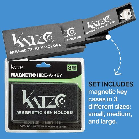 حامل مفاتيح مغناطيسي من Katzco - 3 عبوات - 1.25 × 2.75 بوصة - حافظات بلاستيكية سوداء متينة مع مغناطيس قوي - للمقصورات الآمنة، ومفاتيح السيارة الإضافية، والمنزل، والمزيد in Kuwait