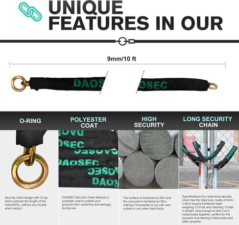 DAOSEC Extra Long Security Chain, 10ft x 0.35in(9mm) Thick Heavy Duty Lock Chain - Hardened Alloy Steel Cut Proof Chain - Ideal for Motorcycles, Generators, Trailers, ATVs and More in Kuwait