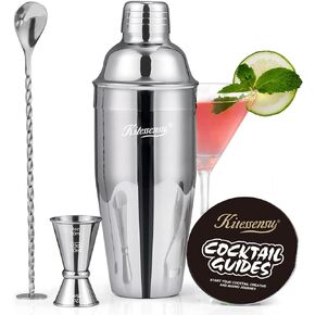 KITESSENSU Cocktail Shaker Set, Stainless Steel Martini Shaker Set with 24 Ounce Cocktail Mixer with Drink Shaker, Measuring Jigger, Bar Spoon & Drink Recipe Guide, Black