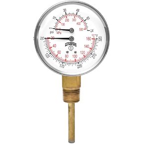 مقياس حرارة مزدوج من سلسلة Winters TTD ستيل مع عنصر 5 سم، 0-75 psi/kpa، عرض بالميناء، ±3-2-3% دقة، 1/2" مقبض سفلي من ISB، 70-320 Deg F/C in Saudi Arabia