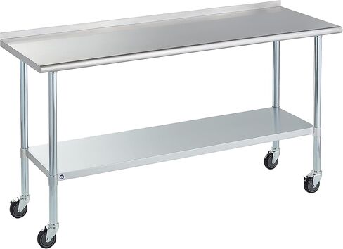 طاولة روك بوينت من الفولاذ المقاوم للصدأ للإعداد والعمل مقاس 72 × 24 بوصة مع عجلات دوارة، طاولة تجارية شديدة التحمل من NSF مع رف سفلي وبلاش باكسبلاش للمطعم والمنزل والفندق in Kuwait