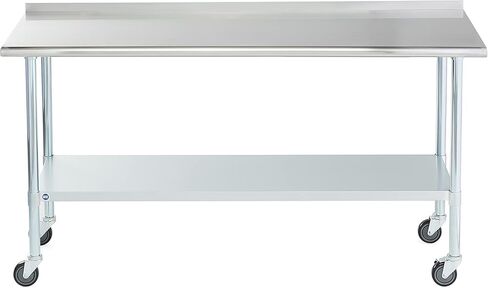 طاولة روك بوينت من الفولاذ المقاوم للصدأ للإعداد والعمل مقاس 72 × 24 بوصة مع عجلات دوارة، طاولة تجارية شديدة التحمل من NSF مع رف سفلي وبلاش باكسبلاش للمطعم والمنزل والفندق in Kuwait