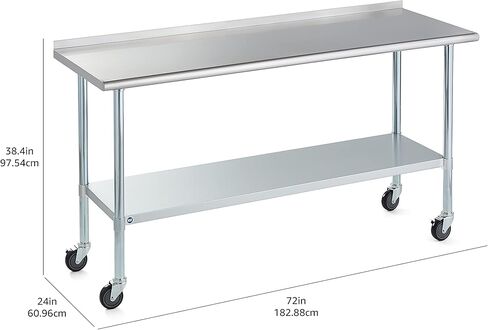 طاولة روك بوينت من الفولاذ المقاوم للصدأ للإعداد والعمل مقاس 72 × 24 بوصة مع عجلات دوارة، طاولة تجارية شديدة التحمل من NSF مع رف سفلي وبلاش باكسبلاش للمطعم والمنزل والفندق in Kuwait