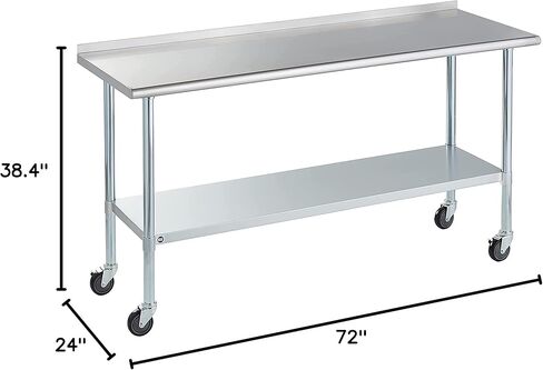 طاولة روك بوينت من الفولاذ المقاوم للصدأ للإعداد والعمل مقاس 72 × 24 بوصة مع عجلات دوارة، طاولة تجارية شديدة التحمل من NSF مع رف سفلي وبلاش باكسبلاش للمطعم والمنزل والفندق in Kuwait