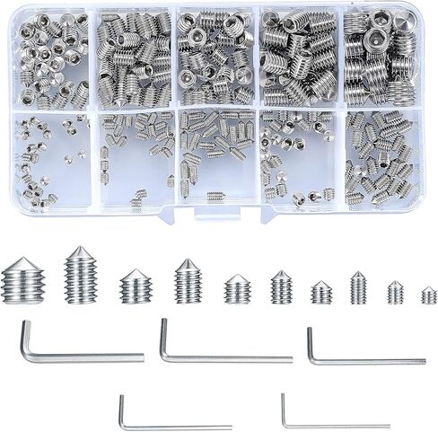 Set Screws Assortment Kit, 250pcs Allen Head Hex Socket Cone Point Set Screws, Stainless Steel Internal Hex Drive Cup-Point Set Screws Assortment for Door Handle, Bathroom Fixtures, M3/4/5/6/8 in Kuwait