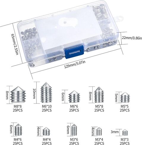 Set Screws Assortment Kit, 250pcs Allen Head Hex Socket Cone Point Set Screws, Stainless Steel Internal Hex Drive Cup-Point Set Screws Assortment for Door Handle, Bathroom Fixtures, M3/4/5/6/8 in Kuwait