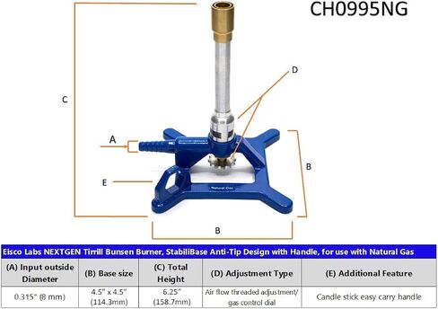Tirrill Bunsen Burner, Natural Gas - Gas Flow Control, Flame Stabilizer, Air Flow Adjustable - Cast Iron StabiliBase, Anti-Tip Design with Handle - Suitable for use with Natural Gas - Eisco Labs in Saudi Arabia