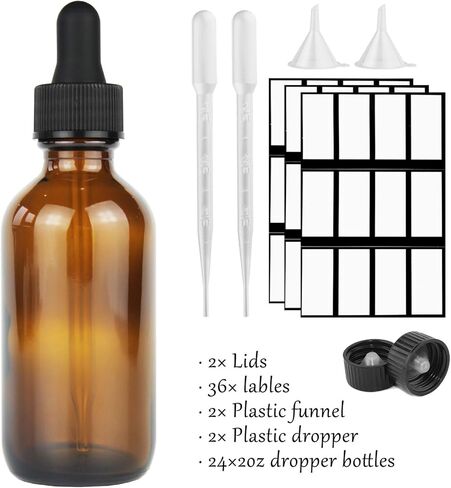 24 عبوة من زجاجات بقطارة بسعة 59 مل، زجاجات عنبر زجاجية مع قطارة للعينين، زجاجات سفر مضادة للتسرب لمستحضرات التجميل السائلة (60 مل) in Kuwait