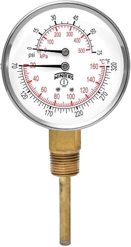 مقياس حرارة مزدوج من سلسلة Winters TTD ستيل مع عنصر 5 سم، 0-75 psi/kpa، عرض بالميناء، ±3-2-3% دقة، 1/2" مقبض سفلي من ISB، 70-320 Deg F/C in Saudi Arabia