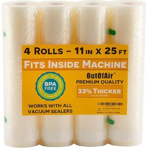 OutOfAir Vacuum Sealer Rolls - 11" x 25’ (4 Pack, 100ft) - Heavy-Duty, 33% Thicker, BPA-Free, Works with FoodSaver, Weston, Anova & More - Food Storage, Sous Vide, Freezer, Microwave & Boil Safe in Kuwait