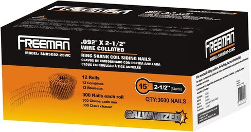Freeman SNRSG92-25WC 15 Degree 2-1/2" Wire Collated Galvanized Ring Shank Coil Siding Nails (3600 count) in Saudi Arabia