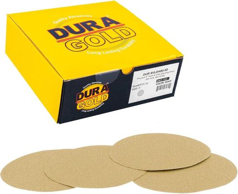 Dura-Gold - Premium - 80 Grit 6 "أقراص صنفرة ذهبية بدون فتحات بخطاف وحلقة بدون فتحات لآلات الصنفرة DA - صندوق مكون من 50 قرصًا نهائيًا من ورق الصنفرة للسيارات والأعمال الخشبية in Kuwait