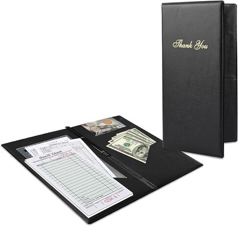 محفظة منظم كتب النادل أو النادلة من الجلد الصناعي الأسود، إيصالات المطعم أو حامل شيك النقود (أسود/8 بوصة × 5 بوصة) in Kuwait