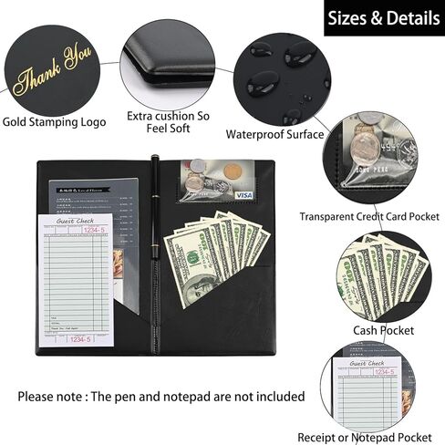 محفظة منظم كتب النادل أو النادلة من الجلد الصناعي الأسود، إيصالات المطعم أو حامل شيك النقود (أسود/8 بوصة × 5 بوصة) in Kuwait