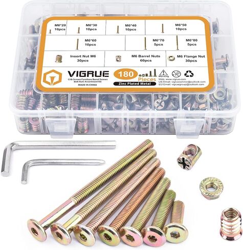 VIGRUE 180 قطعة M6 x 20/30/40/50/60/70/80 مم مجموعة مسامير صواميل الأثاث مجموعة براغي سرير الأطفال مجموعة براغي رأس مقبس سداسي وصواميل وصواميل وصواميل وصواميل لسرير الأطفال بطابقين in Saudi Arabia