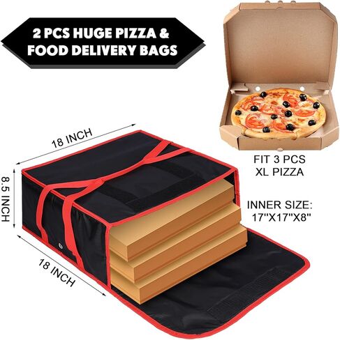 2 قطعة كبيرة معزولة حقيبة توصيل البيتزا 45.72 سم × 45.72 سم × 8.5 سم، حقيبة توصيل الطعام الثقيلة للبيتزا، الآيس كريم والكعك ناقلات بيتزا الساخنة لنقل الطعام مطعم in Kuwait