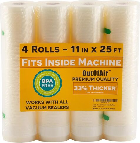 OutOfAir Vacuum Sealer Rolls - 11" x 25’ (4 Pack, 100ft) - Heavy-Duty, 33% Thicker, BPA-Free, Works with FoodSaver, Weston, Anova & More - Food Storage, Sous Vide, Freezer, Microwave & Boil Safe in Kuwait