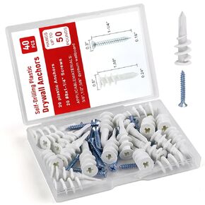 #8 Drywall Anchors, 80Pcs Wall Anchors and Screws for Drywall, Plastic Self Drilling Drywall Anchors, 40 Self-Tapping/Threaded Sheetrock Anchors + 40#8 x 1-1/4'' Screws