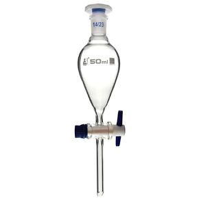 قمع فصل سكويب، 50 مل - سدادة بلاستيكية 14/23، محبس مفتاح PTFE، غير متدرج - زجاج البورسليكات - Eisco Labs in Kuwait