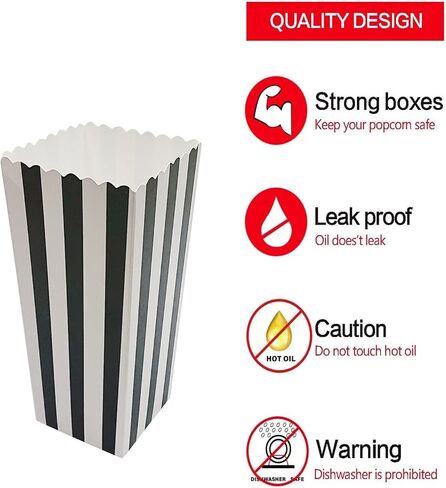 24 قطعة من علب الفشار الورقية الصغيرة علبة الفشار من الورق المقوى للحفلات، أشرطة بيضاء/سوداء in Kuwait