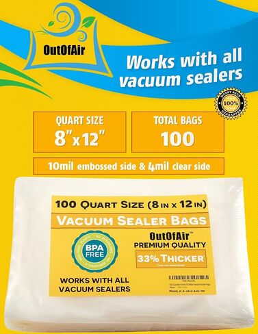 100 Vacuum Sealer Bags: Quart Size (8" x 12") by OutOfAir Works With FoodSaver & Other Machines - 33% Thicker BPA Free, Commercial Grade, 8 x 12 inches in Kuwait