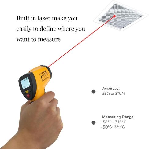 ميزان حرارة رقمي بالأشعة تحت الحمراء، مسدس درجة حرارة ليزر بدون تلامس -58 درجة فهرنهايت ~ 716 درجة فهرنهايت (-50 درجة مئوية ~ 380 درجة مئوية) لطهي الطعام، صيانة السيارات، إصلاحات المنزل (بطارية 9 فولت متضمنة) in Kuwait