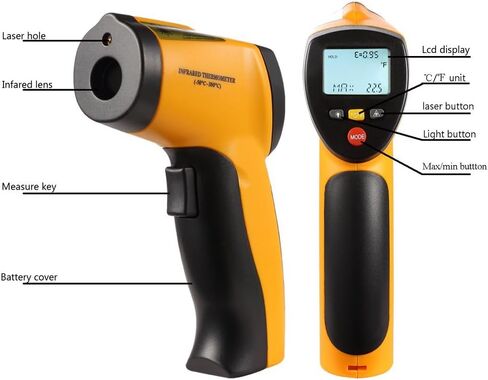 ميزان حرارة رقمي بالأشعة تحت الحمراء، مسدس درجة حرارة ليزر بدون تلامس -58 درجة فهرنهايت ~ 716 درجة فهرنهايت (-50 درجة مئوية ~ 380 درجة مئوية) لطهي الطعام، صيانة السيارات، إصلاحات المنزل (بطارية 9 فولت متضمنة) in Kuwait