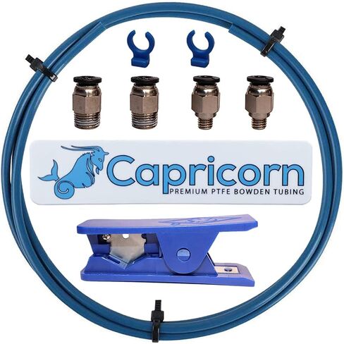 انبوب بودين اصلي من بولي تترافلورو ايثلين (1 متر) سلسلة XS لفتيل 1.75 ملم مع قاطع انبوب تفلون PTFE وتركيبات هوائية مطورة PC4-M6 وPC4-M10 مع اسنان معدنية ومشبكين ازرق in Kuwait