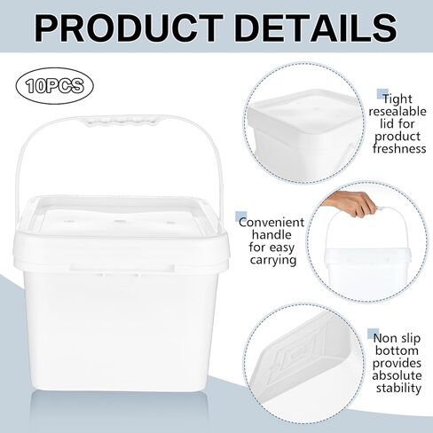 دلو بلاستيكي مربع سعة 2 جالون 68 مل من ميفوسي، دلو بلاستيكي ابيض بمقابض لحفظ الطعام مع غطاء، دلو صناعي لتخزين الطلاء، 10 قطع in Kuwait