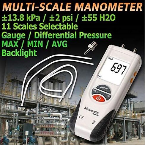 Digital Manometer, Portable Handheld Air Vacuum/Gas Pressure Gauge Meter 11 Units with Backlight, ±13.78kPa ±2PSI, Suitable for Differential Pressure of 1-2 Pipes, Ventilation HVAC in Kuwait