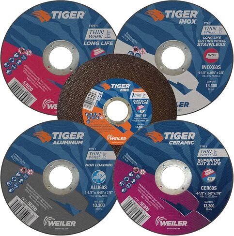 مجموعة متنوعة من عجلات القطع من Weiler 56094 مقاس 4-1/2 بوصة، تتعامل مع جميع المعادن والمواقف، من الفولاذ المقاوم للصدأ، والألمنيوم، والفولاذ، والسبائك، لمطاحن الزوايا، مجموعة متنوعة من أقراص القطع من نوع النمر 1 مكونة من 5 قطع in Saudi Arabia