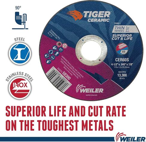 مجموعة متنوعة من عجلات القطع من Weiler 56094 مقاس 4-1/2 بوصة، تتعامل مع جميع المعادن والمواقف، من الفولاذ المقاوم للصدأ، والألمنيوم، والفولاذ، والسبائك، لمطاحن الزوايا، مجموعة متنوعة من أقراص القطع من نوع النمر 1 مكونة من 5 قطع in Saudi Arabia