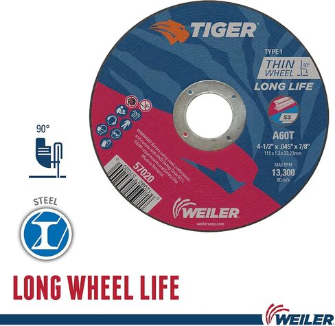 مجموعة متنوعة من عجلات القطع من Weiler 56094 مقاس 4-1/2 بوصة، تتعامل مع جميع المعادن والمواقف، من الفولاذ المقاوم للصدأ، والألمنيوم، والفولاذ، والسبائك، لمطاحن الزوايا، مجموعة متنوعة من أقراص القطع من نوع النمر 1 مكونة من 5 قطع in Saudi Arabia