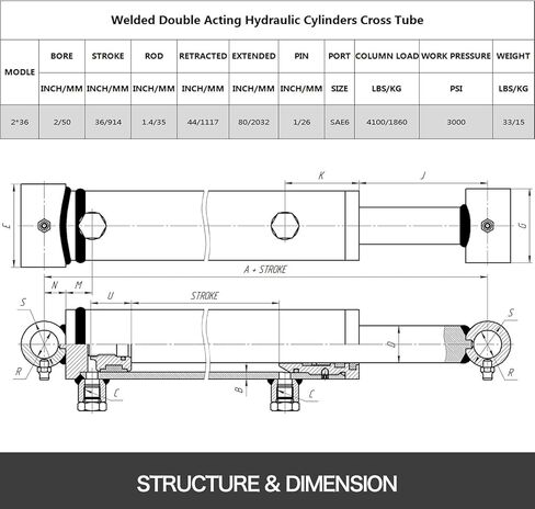 أسطوانة هيدروليكية VEVOR، أسطوانة كبش هيدروليكية مقاس 2 بوصة مقاس 36 بوصة، أسطوانة هيدروليكية 3000 رطل لكل بوصة مربعة، أنبوب متقاطع ملحوم مزدوج الفعل SAE6 أسطوانة رفع هيدروليكية (2 × 36) in Kuwait