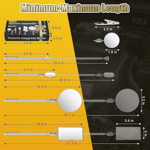 مراة فحص تلسكوبية بمشبك قلم من 4 قطع، مراة فحص تلسكوبية دوارة 360 درجة قابلة للتعديل هدية الاب / عربة فحص بمقبض طويل، مراقبة الرموش والفم (بيضاوية، مربعة، دائرية) in Kuwait