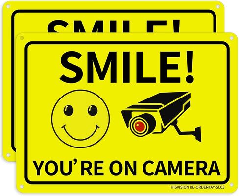 HISVISION 2 Pack Smile You're on Camera، لافتة مراقبة فيديو، 10"x7" علامة تحذير معدنية من الألومنيوم خالية من الصدأ ومقاومة للأشعة فوق البنفسجية، مقاومة للماء، سهلة التركيب للمنزل والمنزل والأعمال in Kuwait