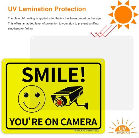 HISVISION 2 Pack Smile You're on Camera، لافتة مراقبة فيديو، 10"x7" علامة تحذير معدنية من الألومنيوم خالية من الصدأ ومقاومة للأشعة فوق البنفسجية، مقاومة للماء، سهلة التركيب للمنزل والمنزل والأعمال in Kuwait