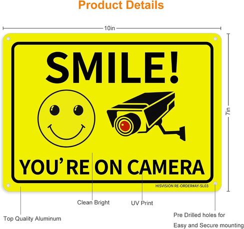 HISVISION 2 Pack Smile You're on Camera، لافتة مراقبة فيديو، 10"x7" علامة تحذير معدنية من الألومنيوم خالية من الصدأ ومقاومة للأشعة فوق البنفسجية، مقاومة للماء، سهلة التركيب للمنزل والمنزل والأعمال in Kuwait