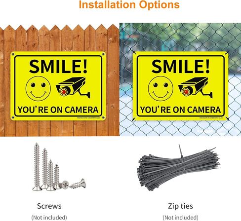 HISVISION 2 Pack Smile You're on Camera، لافتة مراقبة فيديو، 10"x7" علامة تحذير معدنية من الألومنيوم خالية من الصدأ ومقاومة للأشعة فوق البنفسجية، مقاومة للماء، سهلة التركيب للمنزل والمنزل والأعمال in Kuwait