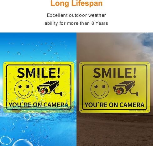 HISVISION 2 Pack Smile You're on Camera، لافتة مراقبة فيديو، 10"x7" علامة تحذير معدنية من الألومنيوم خالية من الصدأ ومقاومة للأشعة فوق البنفسجية، مقاومة للماء، سهلة التركيب للمنزل والمنزل والأعمال in Kuwait