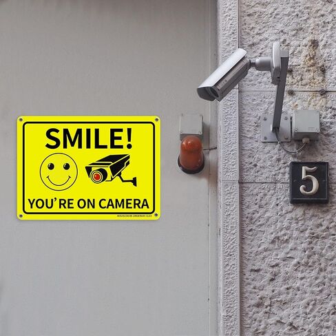 HISVISION 2 Pack Smile You're on Camera، لافتة مراقبة فيديو، 10"x7" علامة تحذير معدنية من الألومنيوم خالية من الصدأ ومقاومة للأشعة فوق البنفسجية، مقاومة للماء، سهلة التركيب للمنزل والمنزل والأعمال in Kuwait
