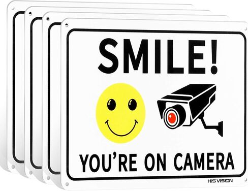 HISVISION 2 Pack Smile You're on Camera، لافتة مراقبة فيديو، 10"x7" علامة تحذير معدنية من الألومنيوم خالية من الصدأ ومقاومة للأشعة فوق البنفسجية، مقاومة للماء، سهلة التركيب للمنزل والمنزل والأعمال in Kuwait