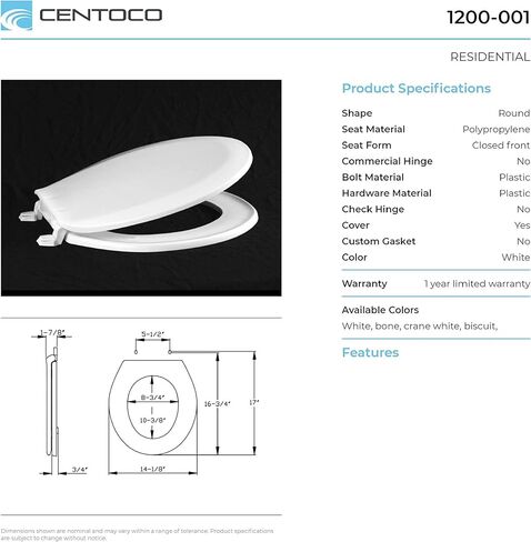 مقعد مرحاض مطول من البلاستيك من Centoco، مستطيل، بيضاوي، غطاء مرحاض، استخدام سكني قياسي، اقتصادي، صنع في الولايات المتحدة الأمريكية، 1600-001، أبيض in Kuwait