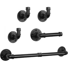 NearMoon 5-Pieces Industrial Pipe Bathroom Hardware Set, Include 18 Inch Towel Bar, Toilet Paper Holder and 3 Robe Hooks, Heavy Duty DIY Style Wall Mounted Rustic Decor Accessories Kit (Black)