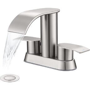 Waterfall Bathroom Sink Faucet Brushed Nickel, Two Handles Bathroom Faucet with Metal Pop up Sink Drain Stopper, Two Or 3 Holes Bathroom Basin Lavatory Mixer Tap with Deck Mount Plate